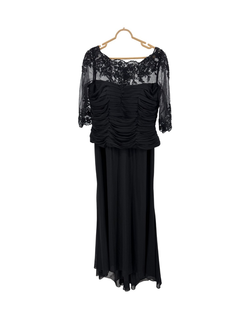 Mon Cheri Black Lace Sleeve Ruched Evening Gown sequin beaded 16 wedding mother